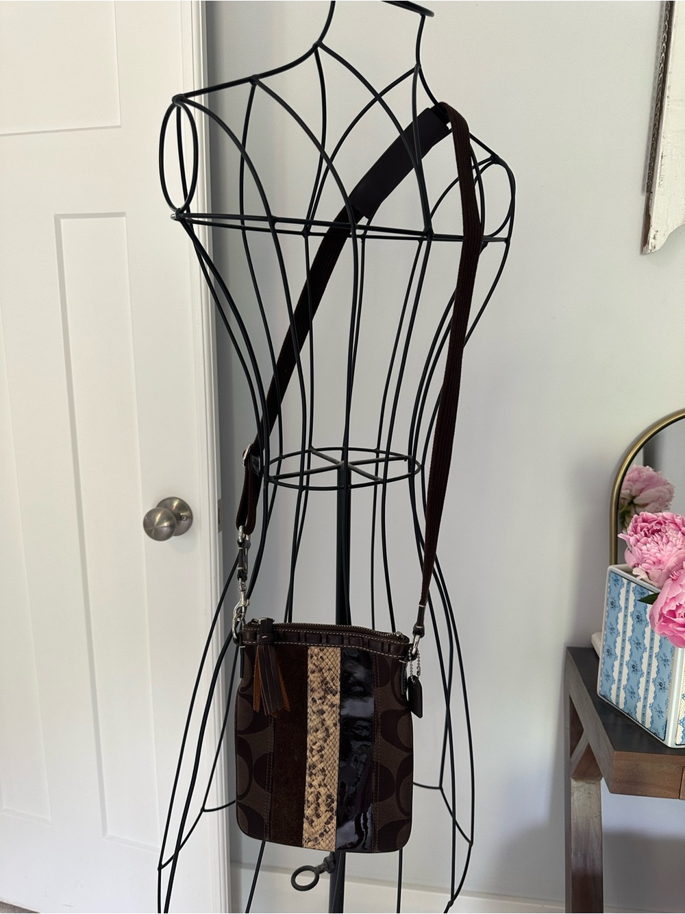 Coach Vintage Hampton Brown Signature Crossbody with Snakeskin Accent